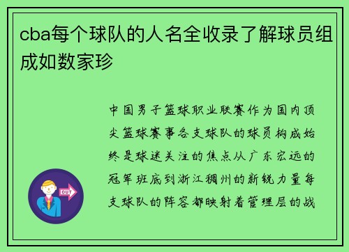 cba每个球队的人名全收录了解球员组成如数家珍