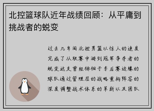 北控篮球队近年战绩回顾：从平庸到挑战者的蜕变