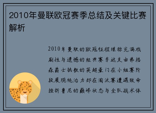 2010年曼联欧冠赛季总结及关键比赛解析