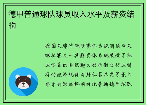 德甲普通球队球员收入水平及薪资结构